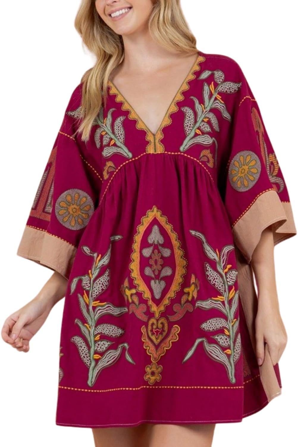 Joiemont Womens Oversized Embroidered Dress with V-Neck and 3\/4 Sleeves Vintage Embroidery Babydoll Dress