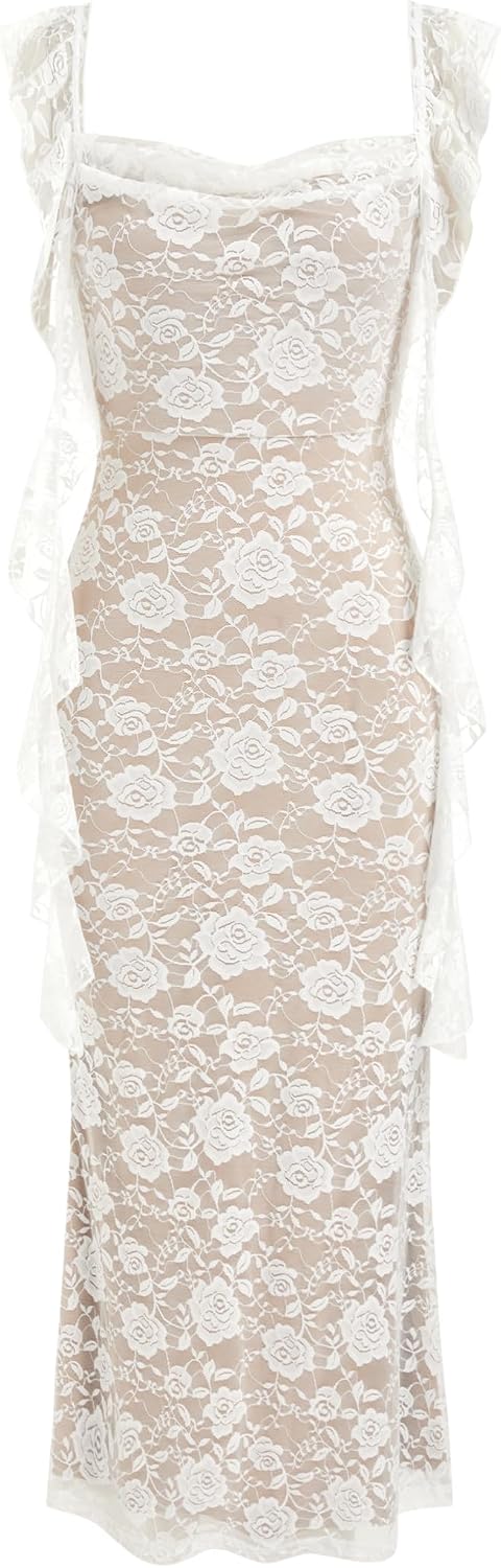 CIDER Women's Wedding Guest Dress Sleeveless Mesh Ruffle Maxi Formal Dress | Stretchy Tie Back, Summer Fall Wedding, Baby Shower, Cocktail, Vacation, Bodycon Elegant Outfits