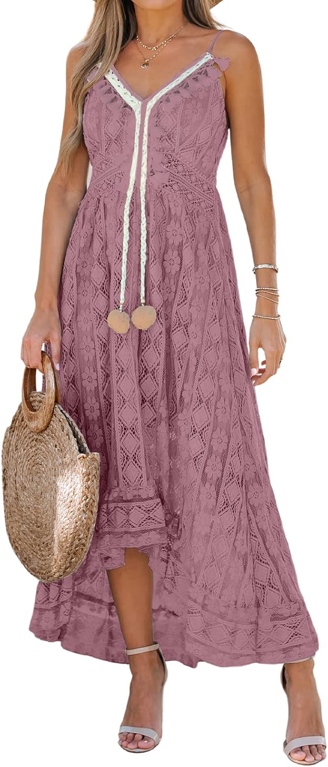 CUPSHE Womens Lace Summer Maxi Dresses 2026 Beach Wear | V Neck Spaghetti Straps Sundress, Tassel, Boho Pom Poms, Flowy Vacation Outfits, Resort Wear, Graduation Wedding Guest Looks