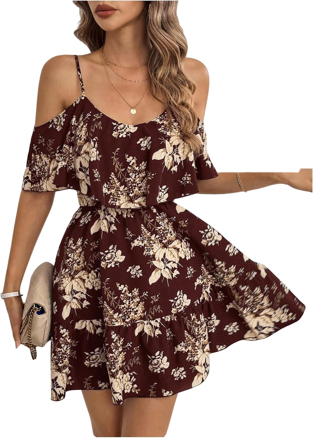 SOLY HUX Women's Summer Floral Mini Dress Cold Shoulder Ruffle Dresses | Boho, Short Sleeve, A Line, Vacation, Sundress