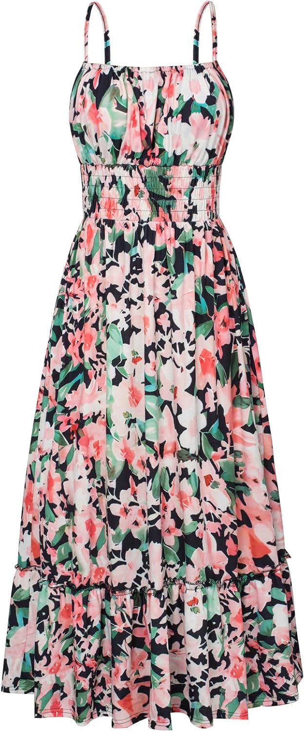 GRACE KARIN Summer Dresses for Women 2026 Vacation Boho Maxi Sundress | Casual, Smocked Waist, Floral Printed, Spaghetti Strap, Sleeveless, Beach Dresses With Pockets, Fashion Outfits