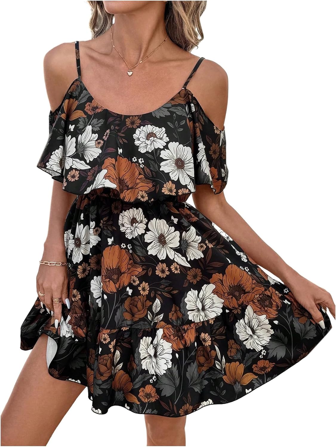 SOLY HUX Women's Summer Floral Mini Dress Cold Shoulder Ruffle Dresses | Boho, Short Sleeve, A Line, Vacation, Sundress