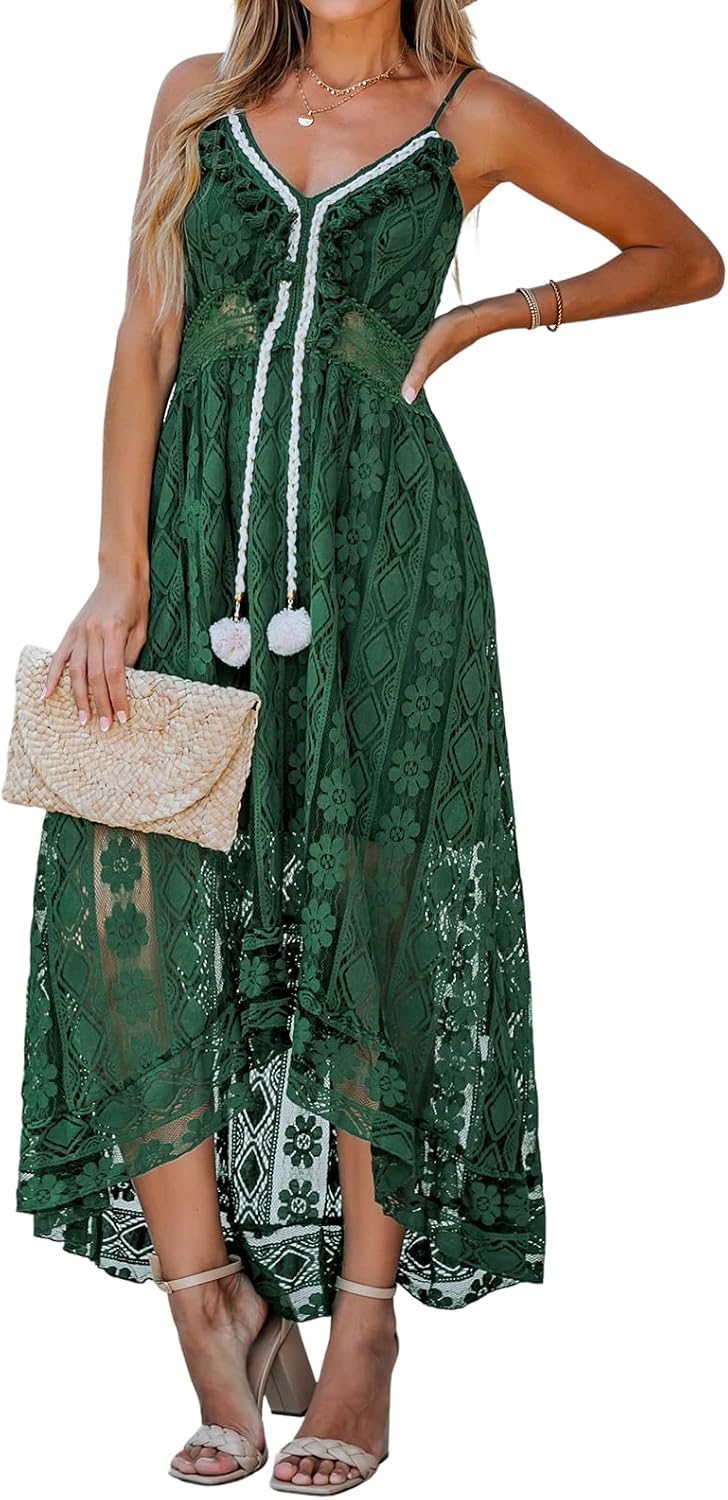 CUPSHE Womens Lace Summer Maxi Dresses 2026 Beach Wear | V Neck Spaghetti Straps Sundress, Tassel, Boho Pom Poms, Flowy Vacation Outfits, Resort Wear, Graduation Wedding Guest Looks