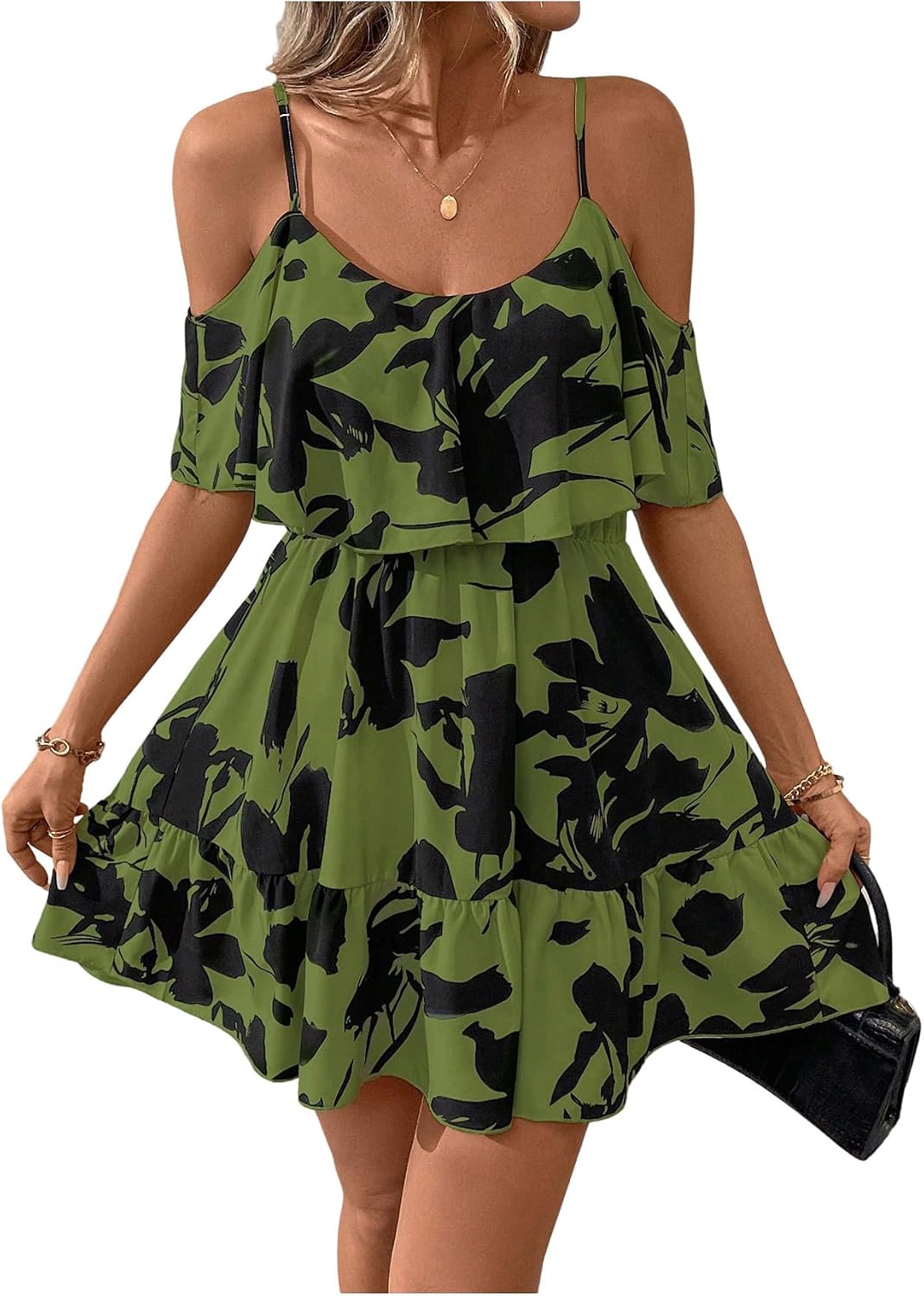 SOLY HUX Women's Summer Floral Mini Dress Cold Shoulder Ruffle Dresses | Boho, Short Sleeve, A Line, Vacation, Sundress