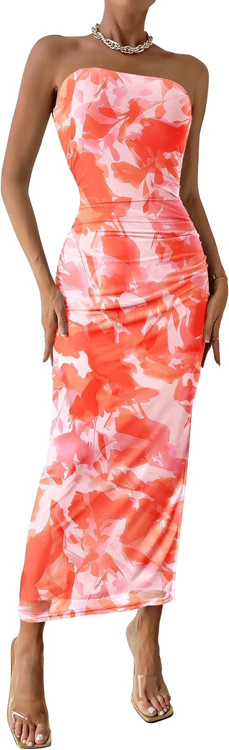 PRETTYGARDEN Women's Strapless Bodycon Floral Maxi Dress | Stretchy Lined Mesh, Long Tube Dresses, Ruched Slit, Spring Summer Y2K Outfits for Wedding, Date Night Party, Beach Vacation