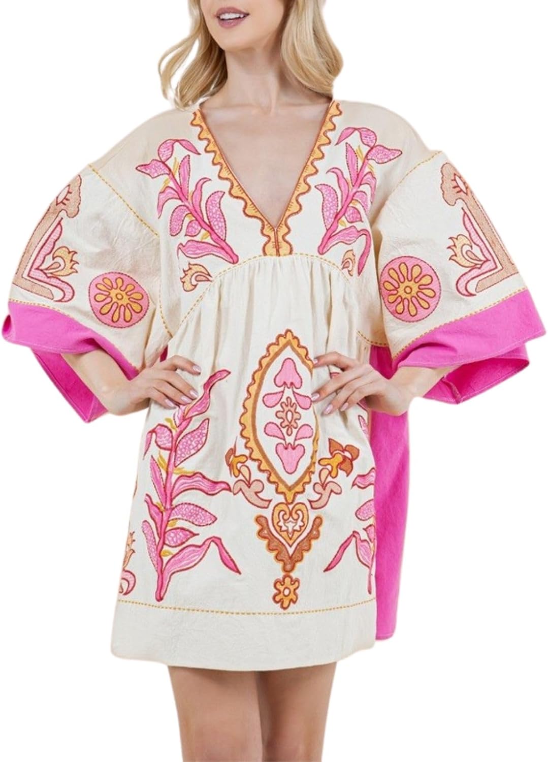 Joiemont Womens Oversized Embroidered Dress with V-Neck and 3\/4 Sleeves Vintage Embroidery Babydoll Dress
