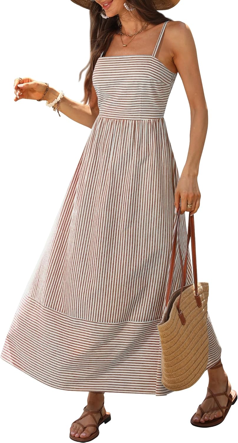 Caracilia Womens Maxi Dresses Gingham Summer Beach Outfits | Spaghetti Strap Back Smocked Cut Out, Flowy Long Sundress, Cute Travel Vacation Picnic Dress Fashion Clothes