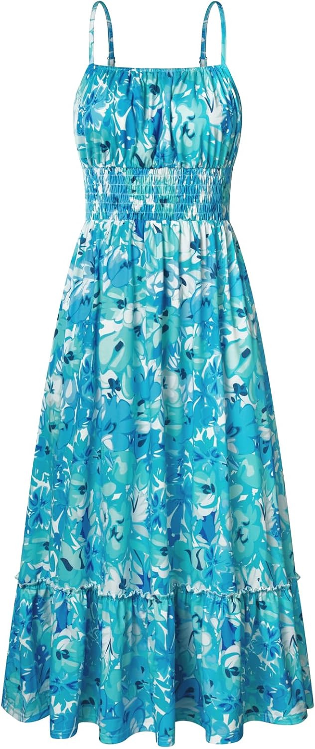 GRACE KARIN Summer Dresses for Women 2026 Vacation Boho Maxi Sundress | Casual, Smocked Waist, Floral Printed, Spaghetti Strap, Sleeveless, Beach Dresses With Pockets, Fashion Outfits