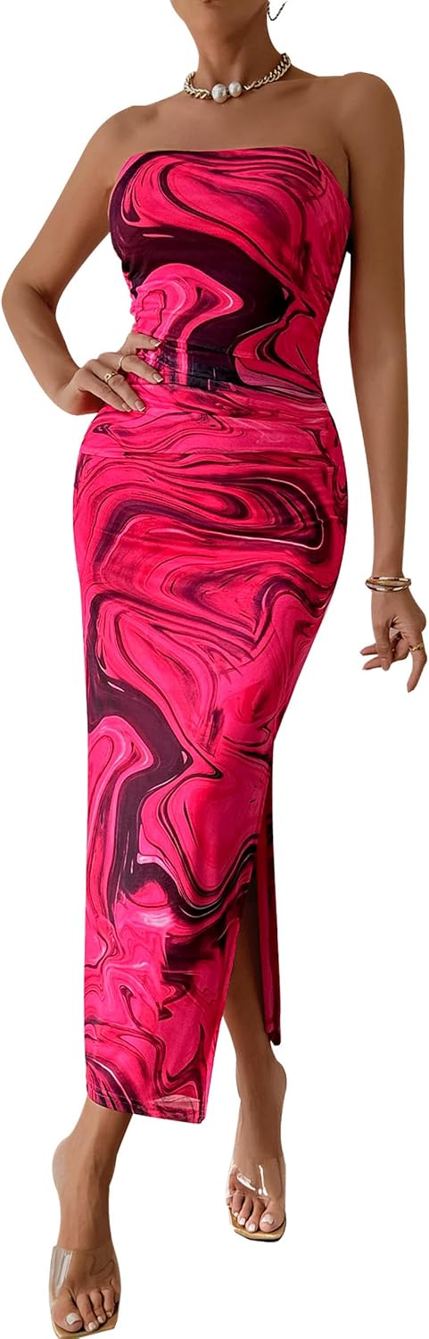 PRETTYGARDEN Women's Strapless Bodycon Floral Maxi Dress | Stretchy Lined Mesh, Long Tube Dresses, Ruched Slit, Spring Summer Y2K Outfits for Wedding, Date Night Party, Beach Vacation