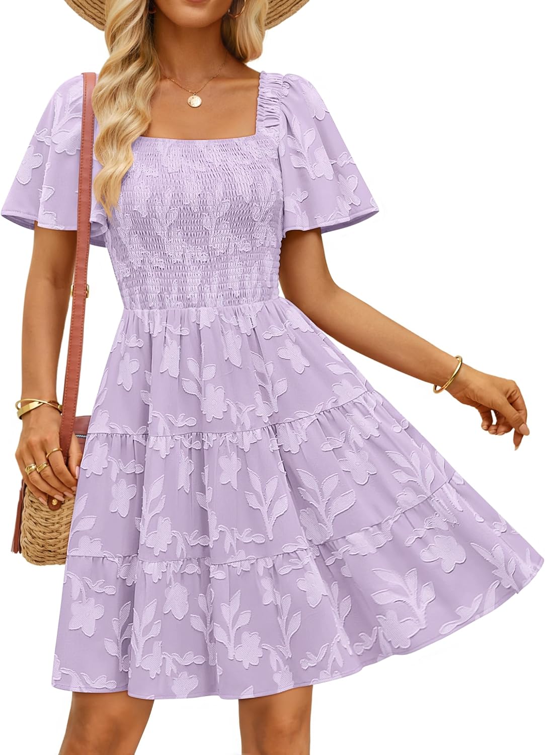ZESICA Women's 2026 Summer Boho Floral Flowy Mini Dresses | Elegant Short Dress, Swing A Line Dress, Smocked Ruffle, Cute Sundress, Short Sleeve, Square Neck, Beach Vacation Dress