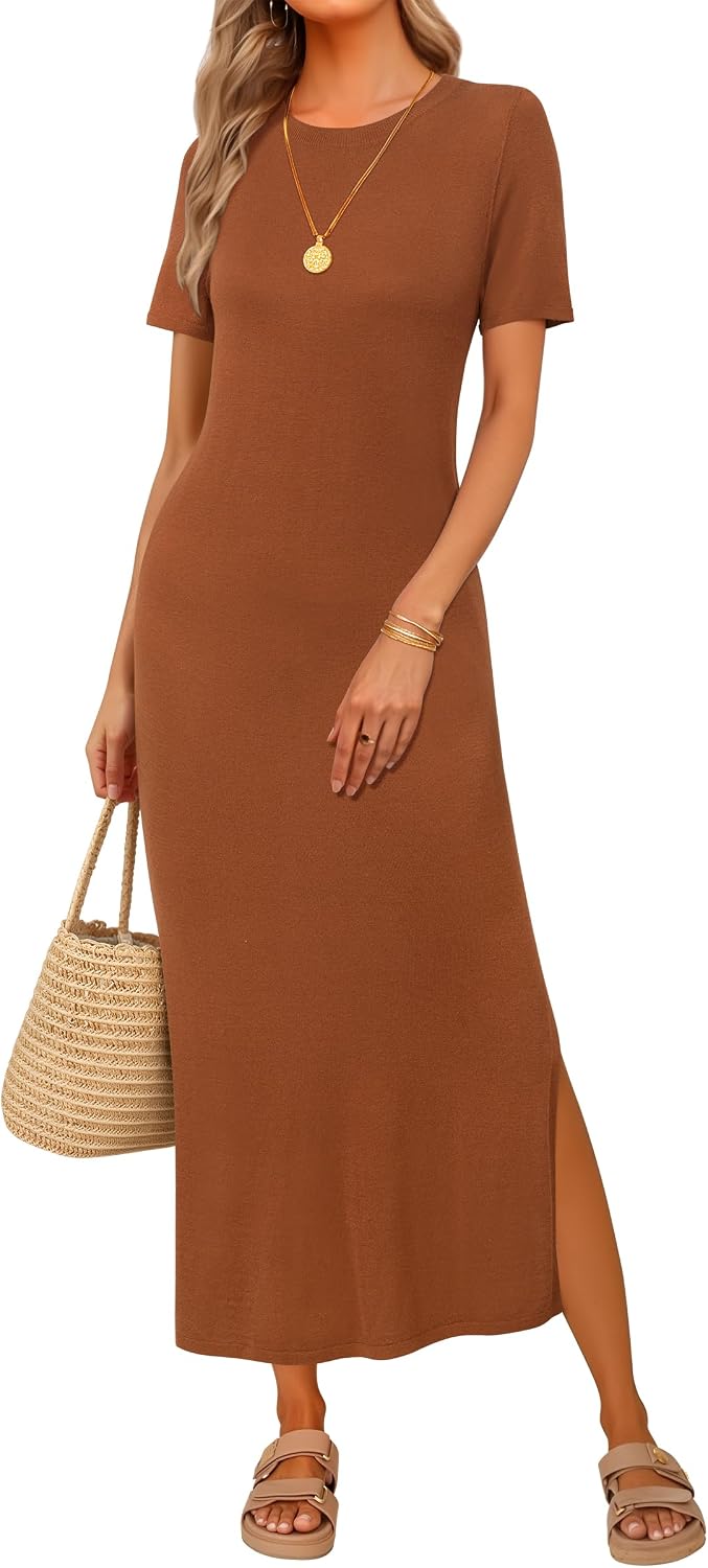 Arach&Cloz Women's Wool Blend Fall Business Casual T Shirts Maxi Dress | Soft Wool Blend, Medium Stretch & Thickness,Crew Neck short Sleeve Maxi Dress With side Slit fits,Casual And All Occasions