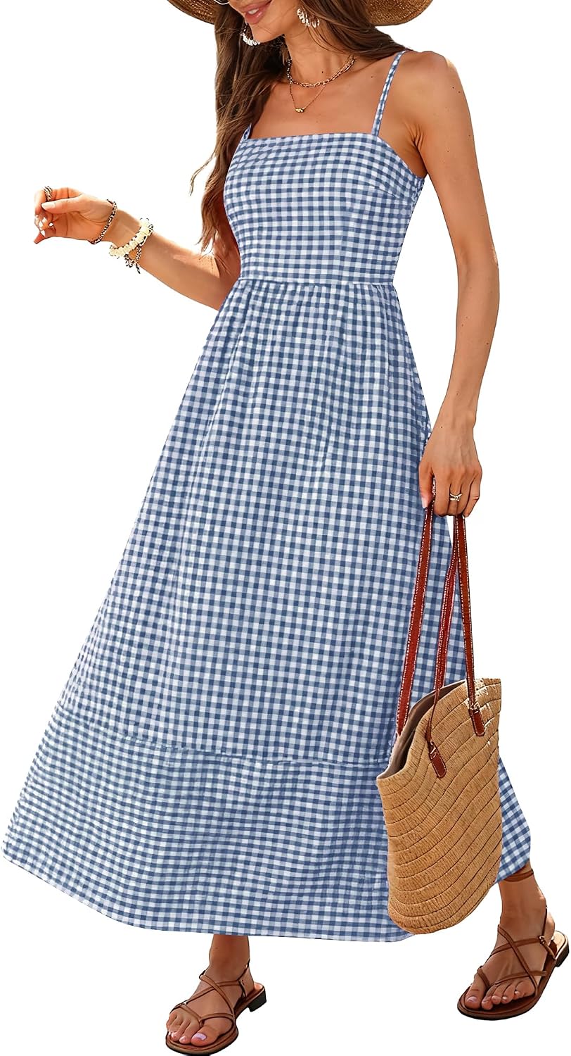 Caracilia Womens Maxi Dresses Gingham Summer Beach Outfits | Spaghetti Strap Back Smocked Cut Out, Flowy Long Sundress, Cute Travel Vacation Picnic Dress Fashion Clothes