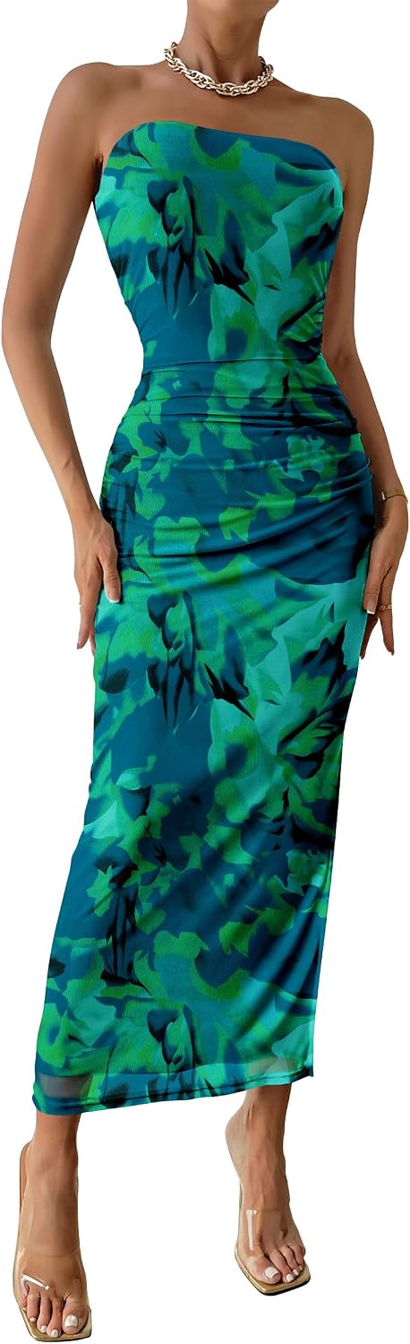 PRETTYGARDEN Women's Strapless Bodycon Floral Maxi Dress | Stretchy Lined Mesh, Long Tube Dresses, Ruched Slit, Spring Summer Y2K Outfits for Wedding, Date Night Party, Beach Vacation