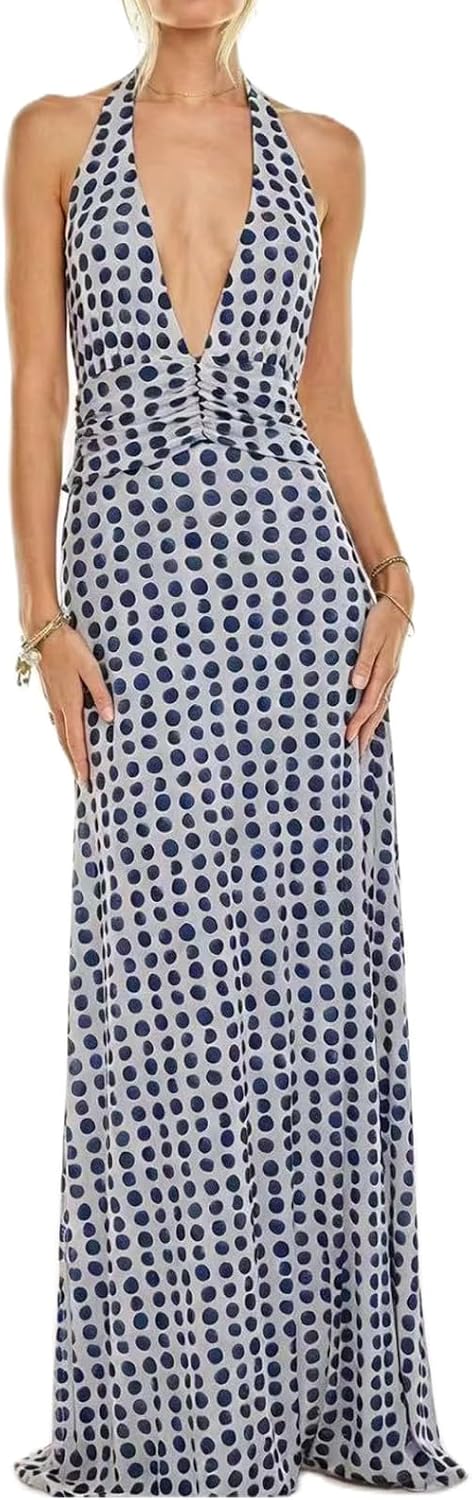 Amiblvowa Women Halter V Neck Maxi Dress Sexy Backless Bodycon Low Cut Long Dress Open Back Cocktail Summer Beach Sundress