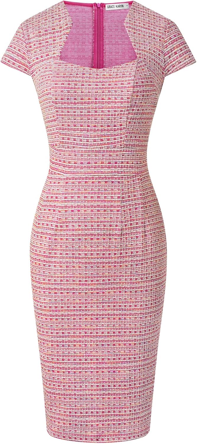 GRACE KARIN Work Dresses for Women Tweed Pencil Dress | Cap sleeve, Knee-length, Zipper back, Sweetheart neck, Stretch fabric, Formal office work business sheath dress