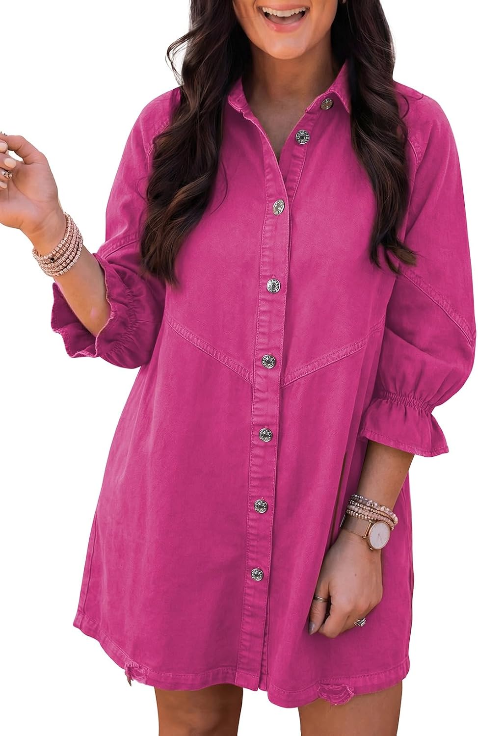 Sidefeel Womens Smocked 3 4 Sleeve Button Down Denim Jeans Dresses