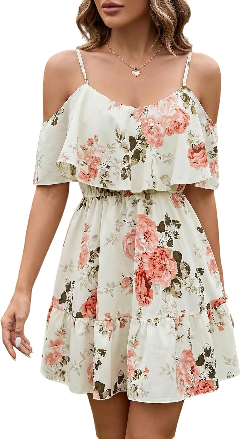 SOLY HUX Women's Summer Floral Mini Dress Cold Shoulder Ruffle Dresses | Boho, Short Sleeve, A Line, Vacation, Sundress