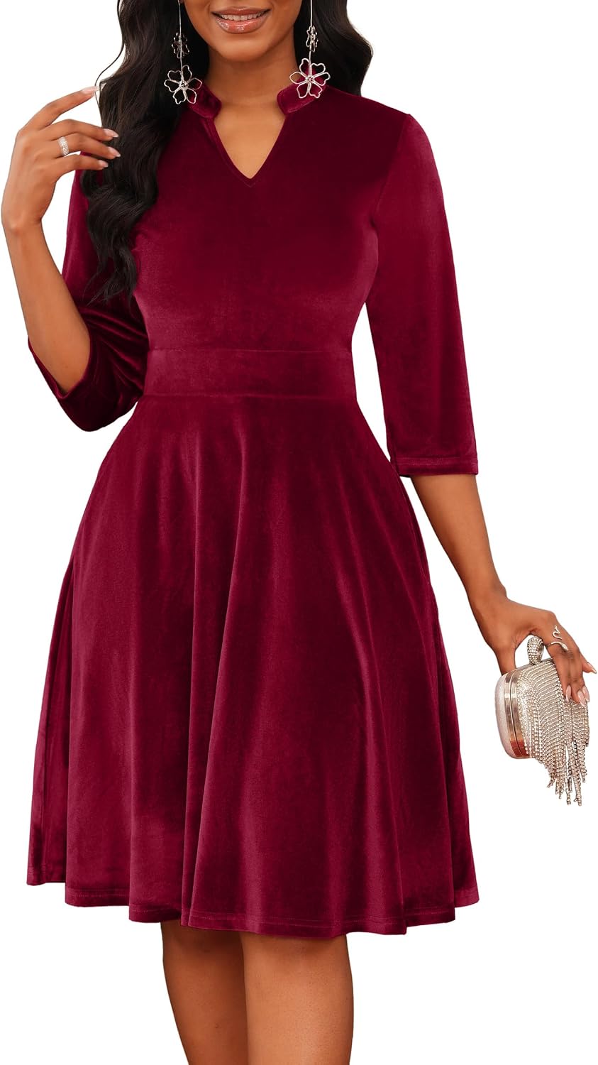 Nmoder Casual Dresses for Women Stand Collar Church Fit and Flare Dress | A-line fit with elegant stand collar, hidden pockets and zipper, ideal for work cocktail wedding guest