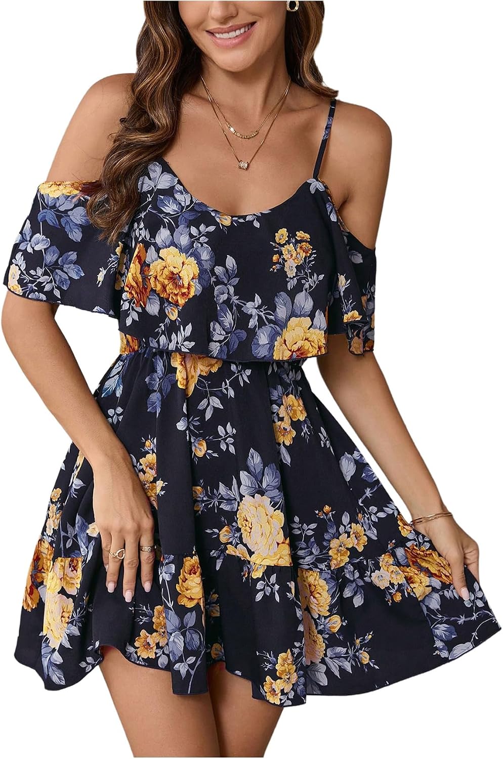 SOLY HUX Women's Summer Floral Mini Dress Cold Shoulder Ruffle Dresses | Boho, Short Sleeve, A Line, Vacation, Sundress