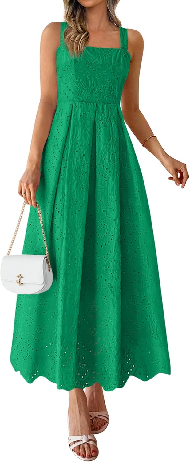 PRETTYGARDEN Womens Sleeveless Eyelet Summer Dresses Pockets | Hollow Out Embroidered Cotton,Adjustable Straps,Square Neck Ruffle Maxi Dress,Smocked back,Flowy Beach Vacation Sundress