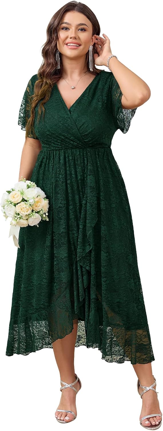 SCOMCHIC Womens Plus Size Wedding Guest Formal Dress | Lace, Wrap V Neck, High Low, Short Sleeve, Cocktail, Maxi Dresses