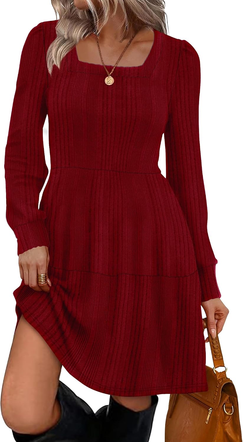Sampeel Womens Square Neck Long Sleeve Fall Dresses Casual Babydoll Sweater Dress