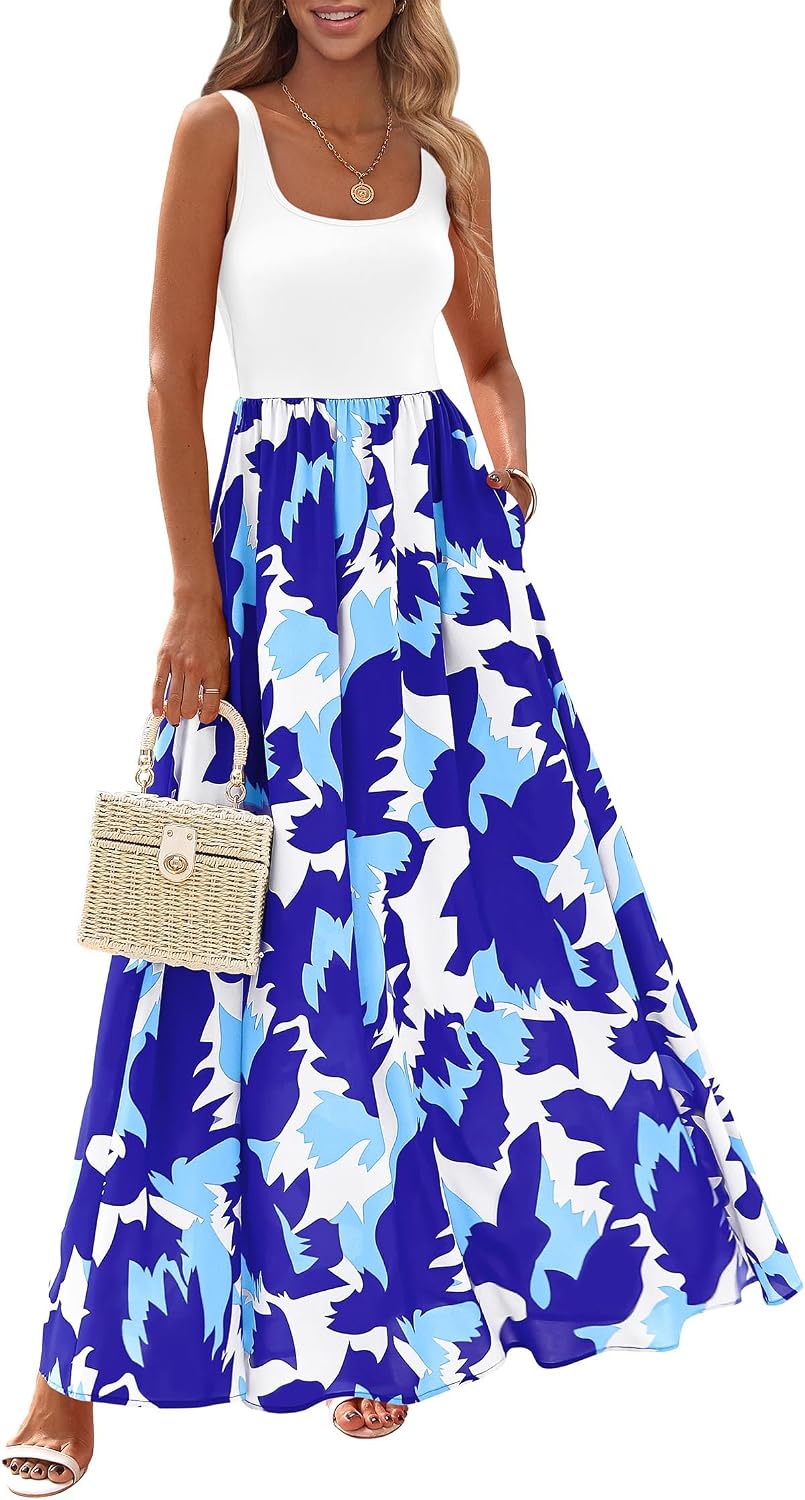 KIRUNDO Women's Summer Maxi Dress Boho Floral Long Sundress | Sleeveless Scoop Neck Tank, Flowy A Line, Bohemian Hawaiian Style Tropical Dresses Pockets, Beach Vacation Cruise Resort Wear