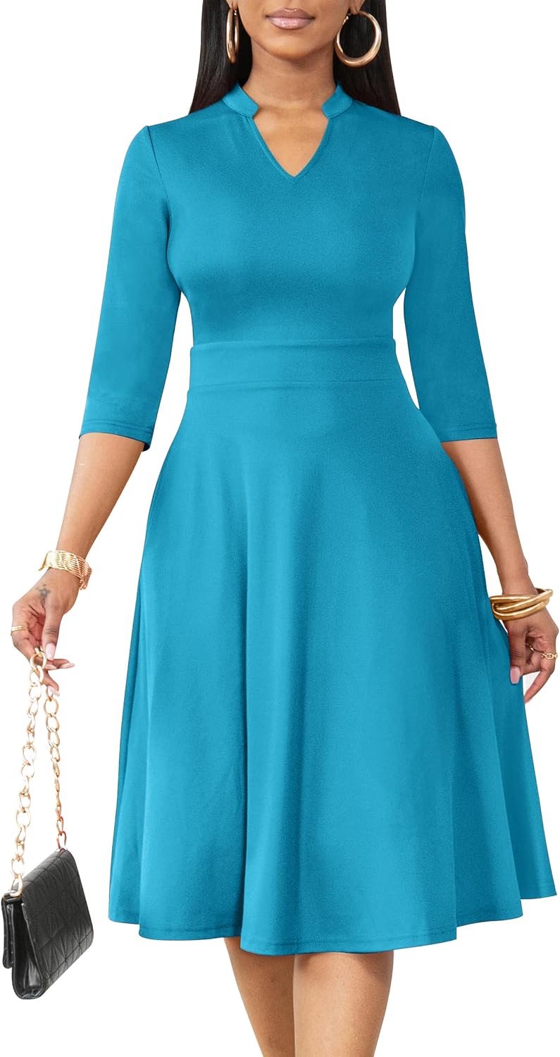 Nmoder Casual Dresses for Women Stand Collar Church Fit and Flare Dress | A-line fit with elegant stand collar, hidden pockets and zipper, ideal for work cocktail wedding guest
