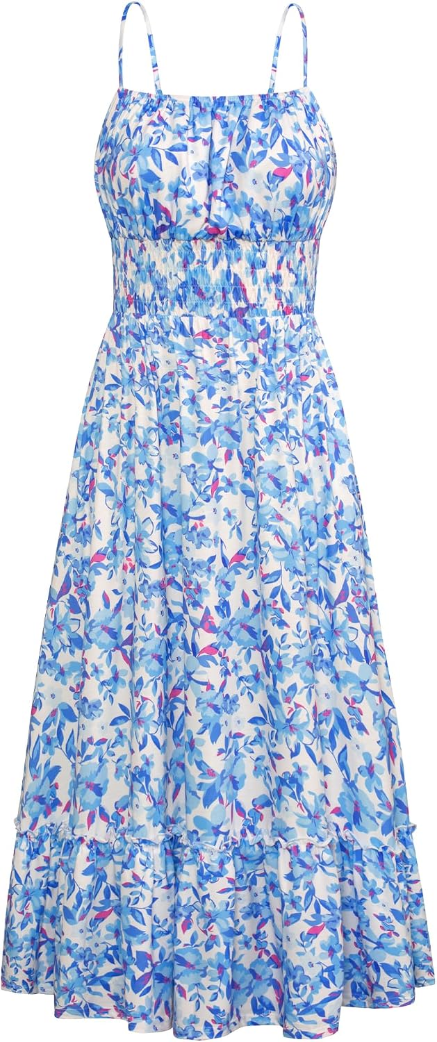 GRACE KARIN Summer Dresses for Women 2026 Vacation Boho Maxi Sundress | Casual, Smocked Waist, Floral Printed, Spaghetti Strap, Sleeveless, Beach Dresses With Pockets, Fashion Outfits