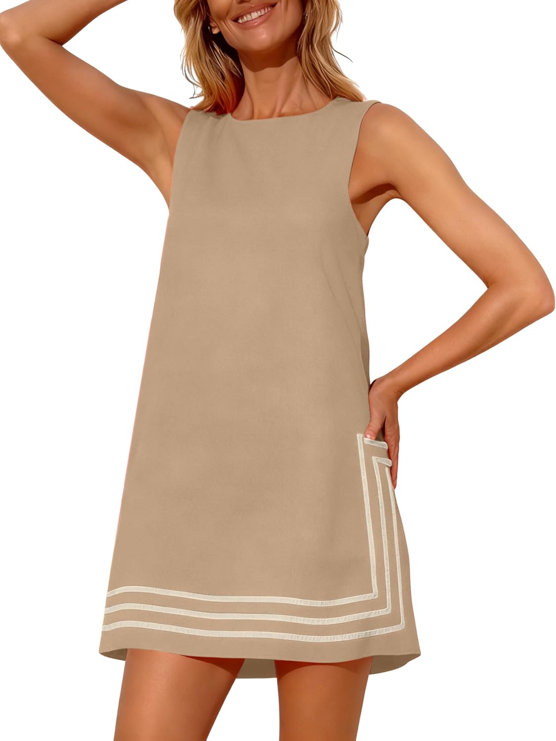 Freyhem Womens Summer Boho A-Line Mini Dress Sleeveless Sundress Color Block Beach Coverups