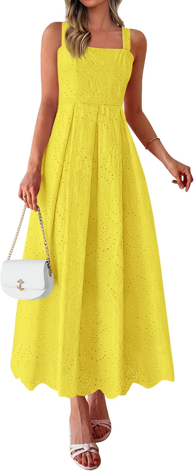 PRETTYGARDEN Womens Sleeveless Eyelet Summer Dresses Pockets | Hollow Out Embroidered Cotton,Adjustable Straps,Square Neck Ruffle Maxi Dress,Smocked back,Flowy Beach Vacation Sundress