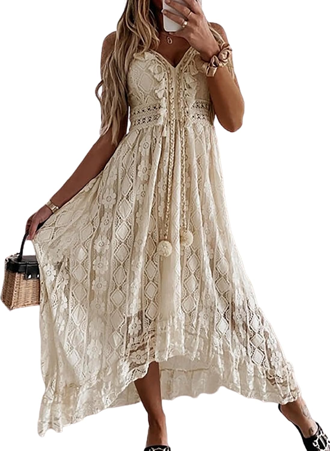 CUPSHE Womens Lace Summer Maxi Dresses 2026 Beach Wear | V Neck Spaghetti Straps Sundress, Tassel, Boho Pom Poms, Flowy Vacation Outfits, Resort Wear, Graduation Wedding Guest Looks