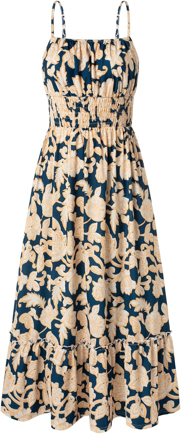 GRACE KARIN Summer Dresses for Women 2026 Vacation Boho Maxi Sundress | Casual, Smocked Waist, Floral Printed, Spaghetti Strap, Sleeveless, Beach Dresses With Pockets, Fashion Outfits