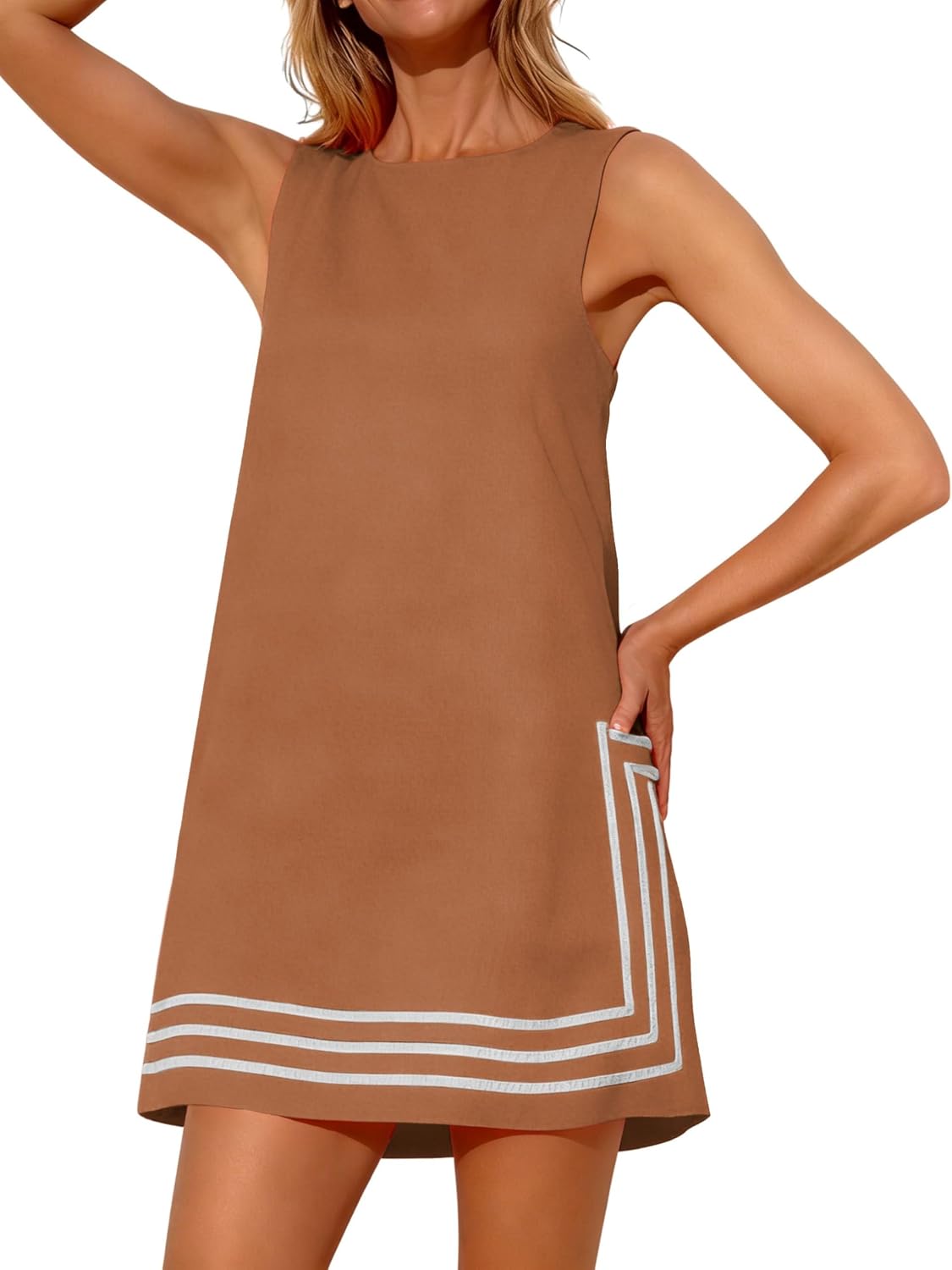 Freyhem Womens Summer Boho A-Line Mini Dress Sleeveless Sundress Color Block Beach Coverups
