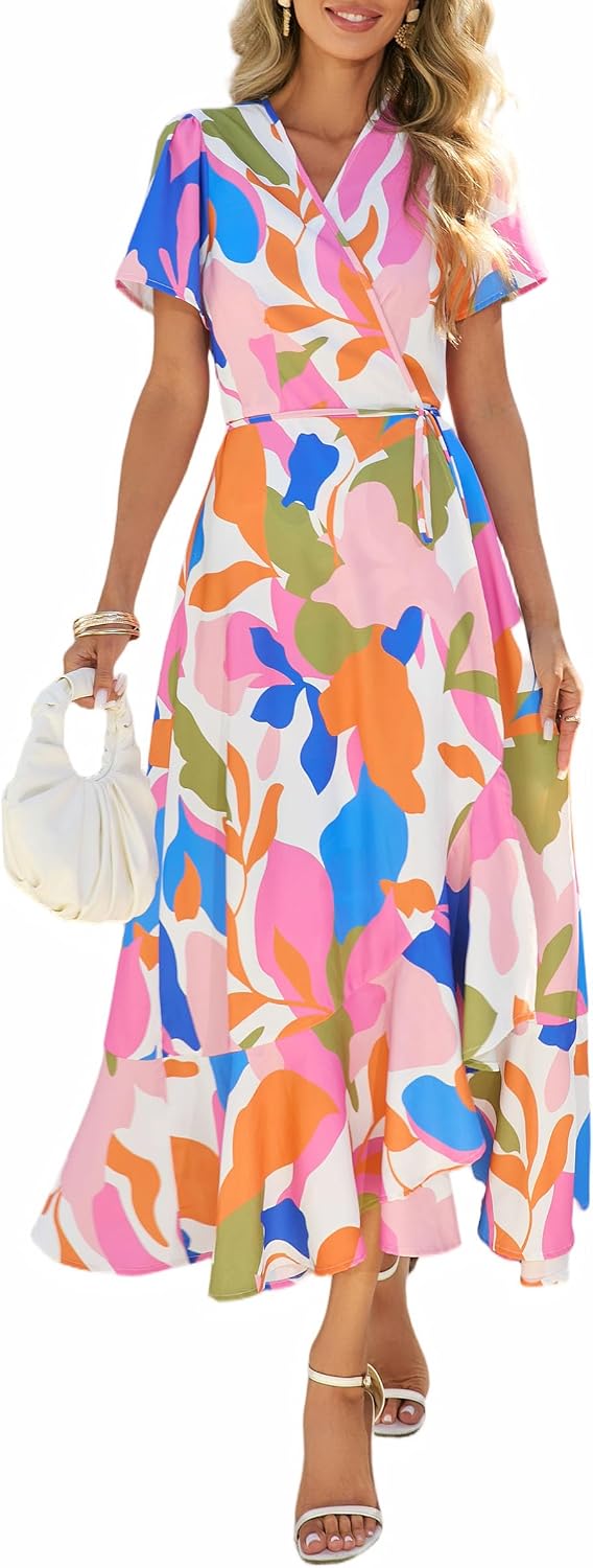 PRETTYGARDEN Women's Boho Floral Summer Maxi Dresses | Short Sleeve Wrap V Neck, Long Flowy Sundress, Spring Wedding Guest Party Outfits, Ruffle Beach Vacation Dress, Resort Wear