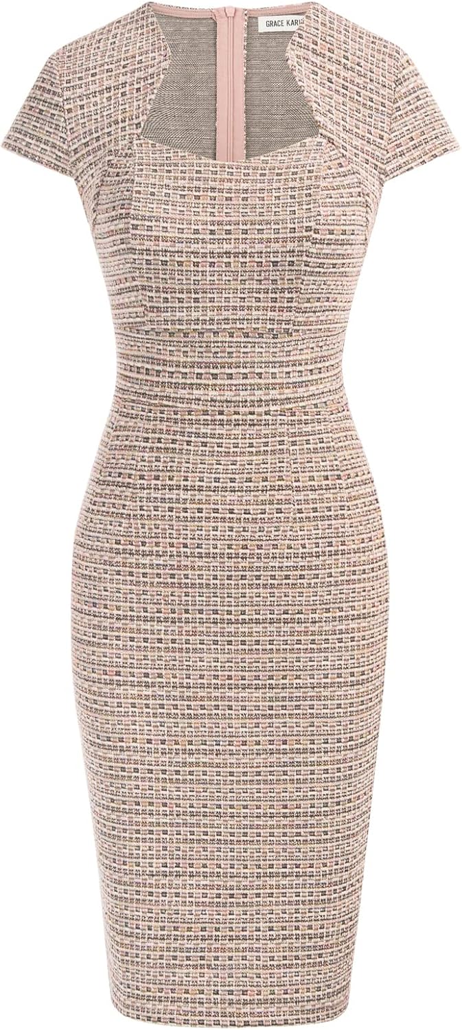GRACE KARIN Work Dresses for Women Tweed Pencil Dress | Cap sleeve, Knee-length, Zipper back, Sweetheart neck, Stretch fabric, Formal office work business sheath dress