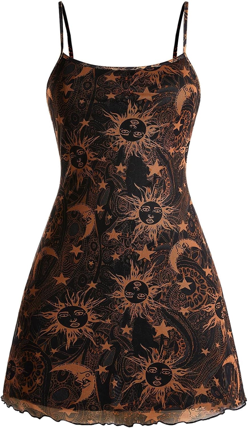 Milumia Women\u2018s Summer Mini Dress 90s Boho A Line Mesh Short Dresses | Spaghetti Strap,Sleeveless,Vintage,Paisley Print,Festival Outfits,Cowgirl,Y2k,Goth