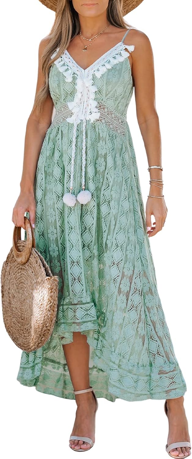 CUPSHE Womens Lace Summer Maxi Dresses 2026 Beach Wear | V Neck Spaghetti Straps Sundress, Tassel, Boho Pom Poms, Flowy Vacation Outfits, Resort Wear, Graduation Wedding Guest Looks