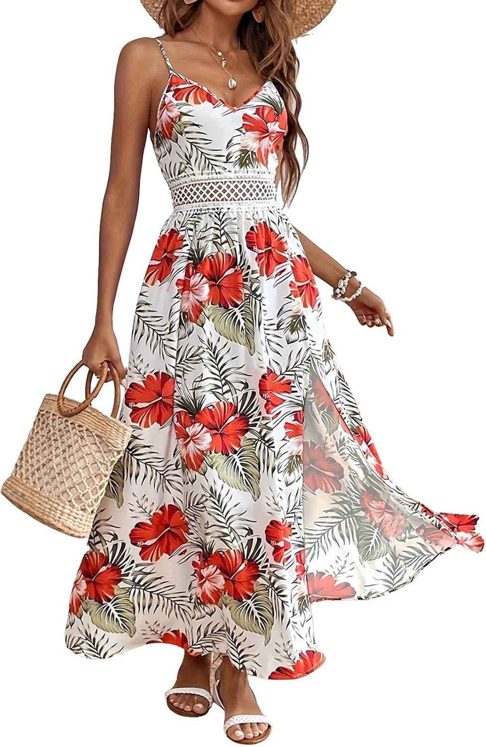 Women's Hawaiian Maxi Dresses Summer Sun Floral Sleeveless Vacation | V-Neck, Spaghetti Straps, Flowy, Boho, Resort, Beach