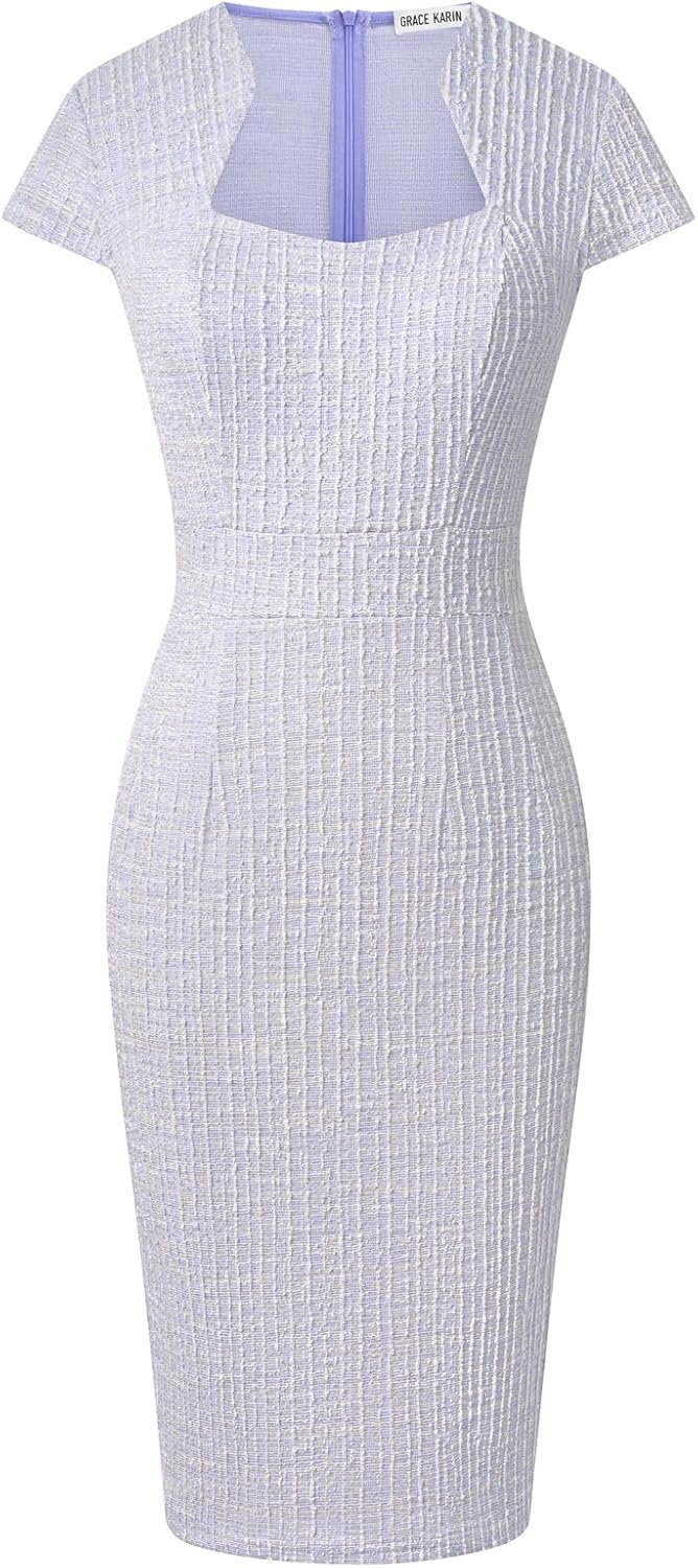 GRACE KARIN Work Dresses for Women Tweed Pencil Dress | Cap sleeve, Knee-length, Zipper back, Sweetheart neck, Stretch fabric, Formal office work business sheath dress