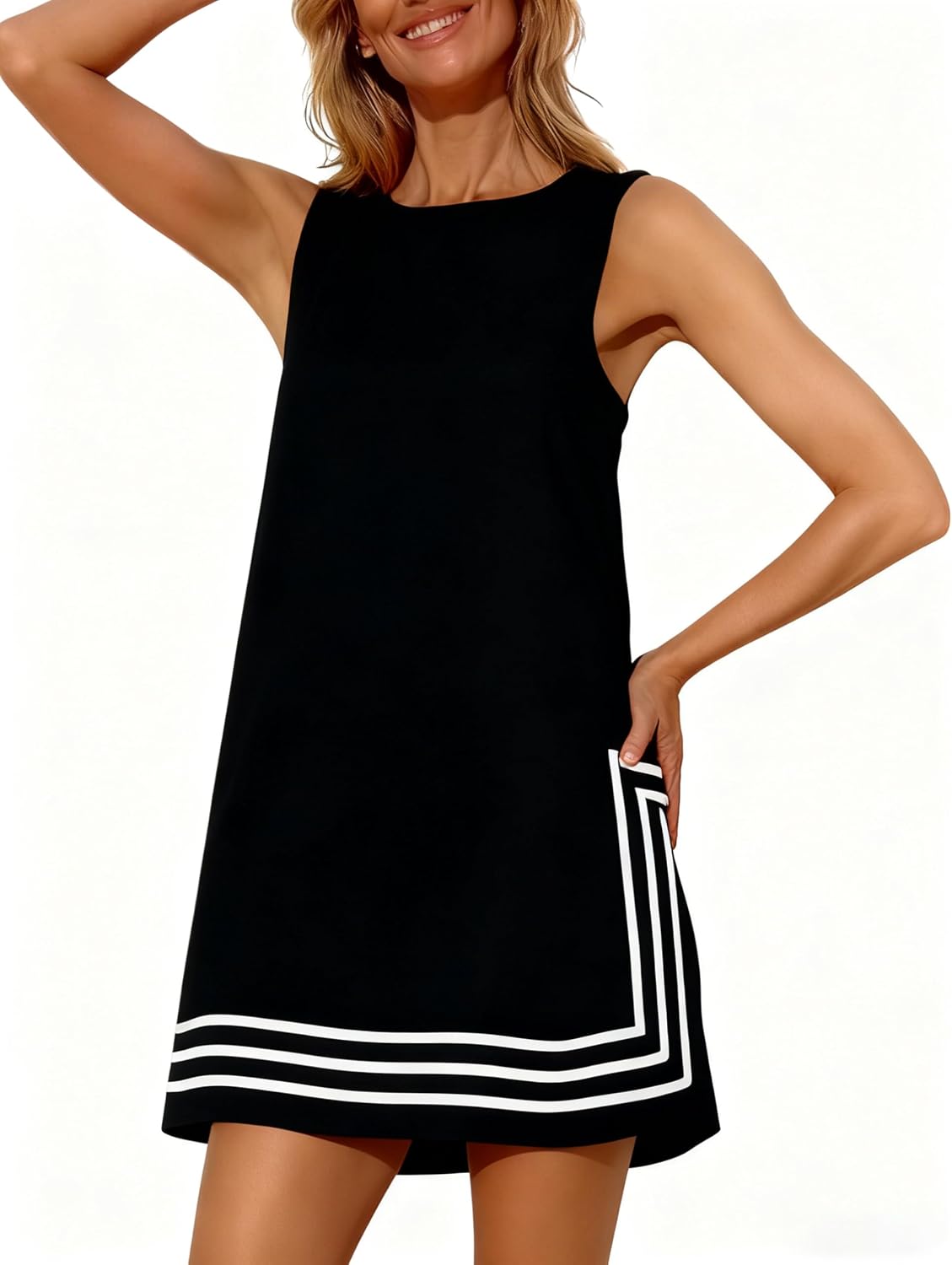 Freyhem Womens Summer Boho A-Line Mini Dress Sleeveless Sundress Color Block Beach Coverups