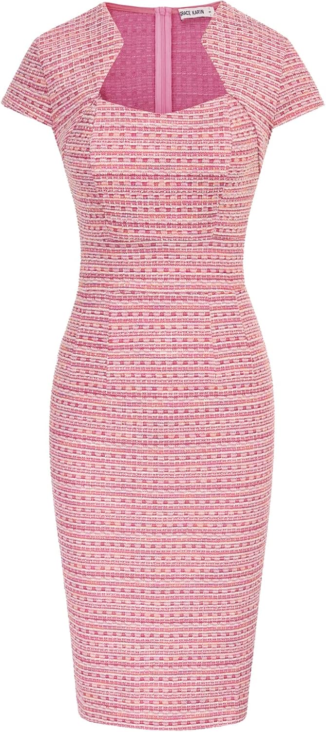 GRACE KARIN Work Dresses for Women Tweed Pencil Dress | Cap sleeve, Knee-length, Zipper back, Sweetheart neck, Stretch fabric, Formal office work business sheath dress