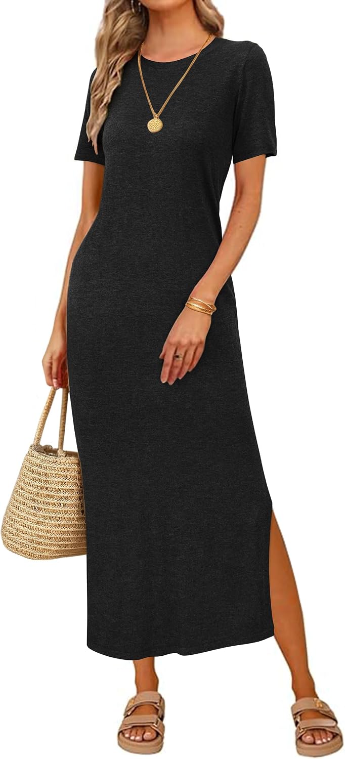 Arach&Cloz Women's Wool Blend Fall Business Casual T Shirts Maxi Dress | Soft Wool Blend, Medium Stretch & Thickness,Crew Neck short Sleeve Maxi Dress With side Slit fits,Casual And All Occasions