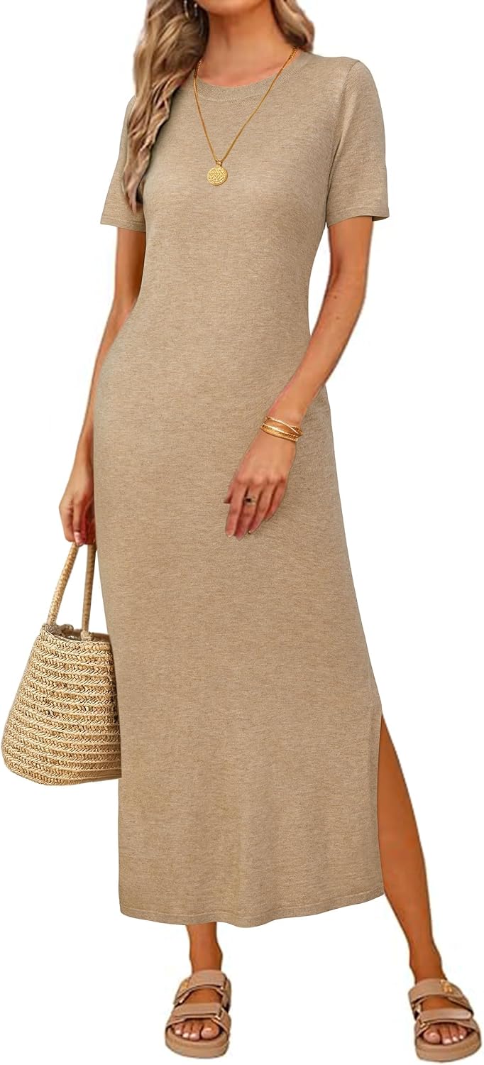 Arach&Cloz Women's Wool Blend Fall Business Casual T Shirts Maxi Dress | Soft Wool Blend, Medium Stretch & Thickness,Crew Neck short Sleeve Maxi Dress With side Slit fits,Casual And All Occasions