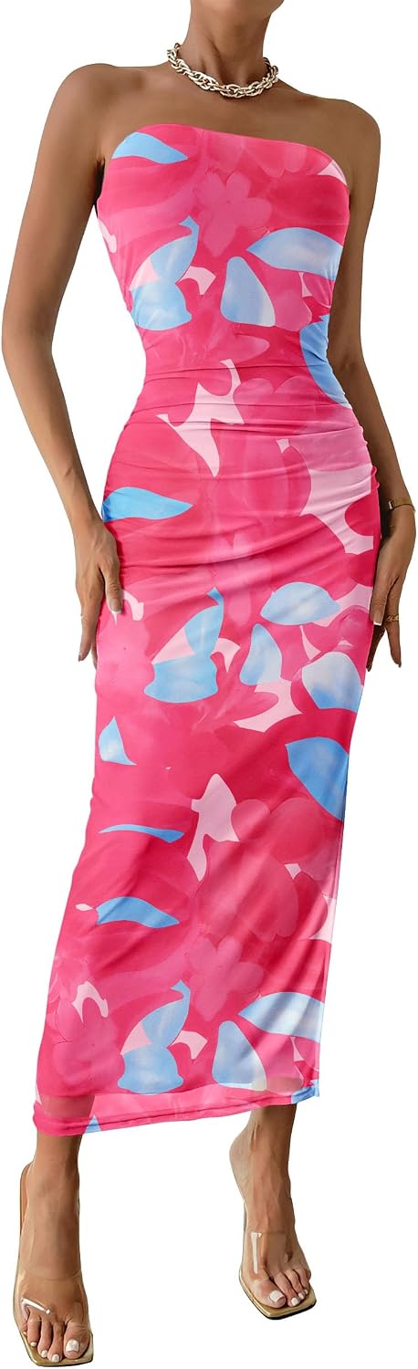 PRETTYGARDEN Women's Strapless Bodycon Floral Maxi Dress | Stretchy Lined Mesh, Long Tube Dresses, Ruched Slit, Spring Summer Y2K Outfits for Wedding, Date Night Party, Beach Vacation