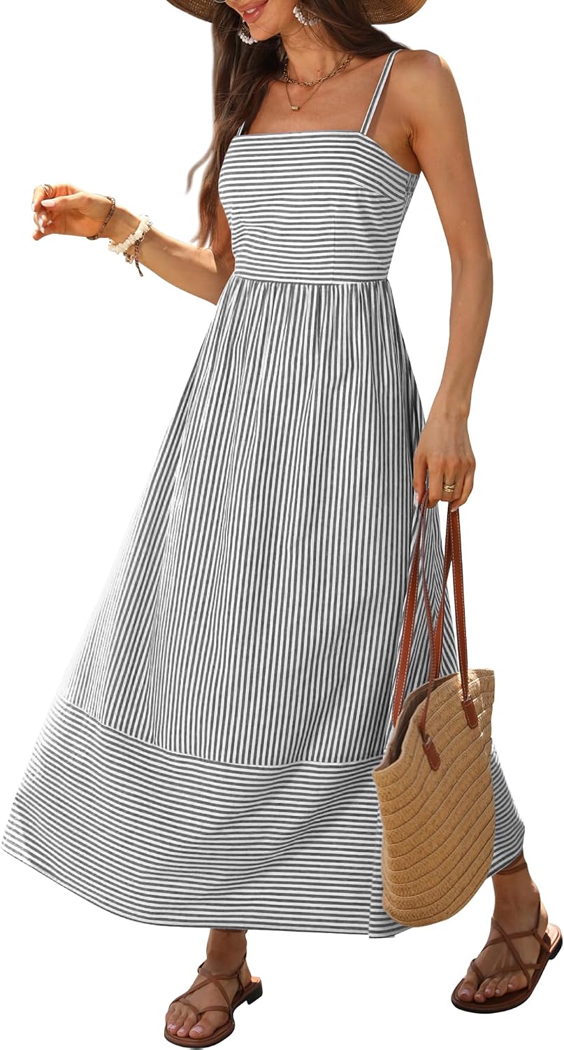 Caracilia Womens Maxi Dresses Gingham Summer Beach Outfits | Spaghetti Strap Back Smocked Cut Out, Flowy Long Sundress, Cute Travel Vacation Picnic Dress Fashion Clothes
