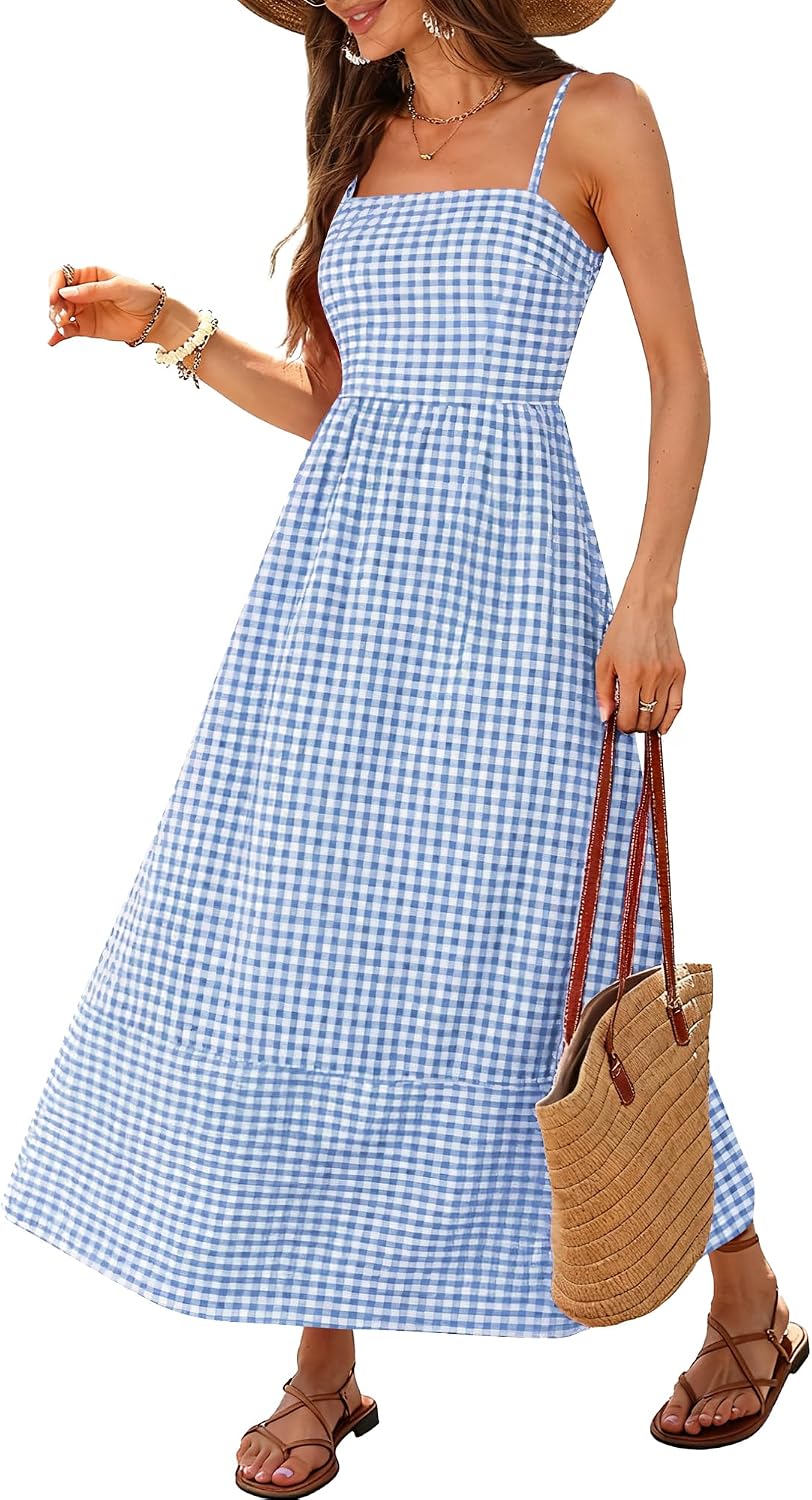 Caracilia Womens Maxi Dresses Gingham Summer Beach Outfits | Spaghetti Strap Back Smocked Cut Out, Flowy Long Sundress, Cute Travel Vacation Picnic Dress Fashion Clothes