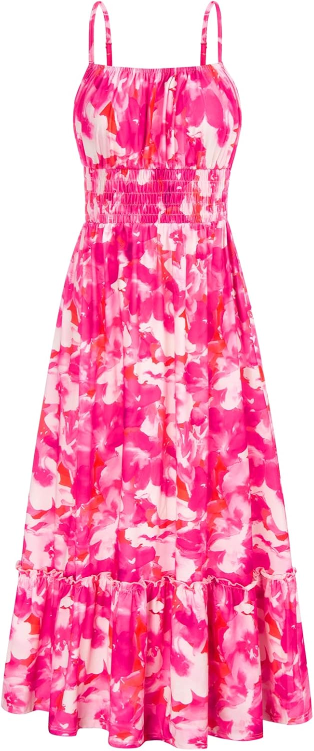 GRACE KARIN Summer Dresses for Women 2026 Vacation Boho Maxi Sundress | Casual, Smocked Waist, Floral Printed, Spaghetti Strap, Sleeveless, Beach Dresses With Pockets, Fashion Outfits