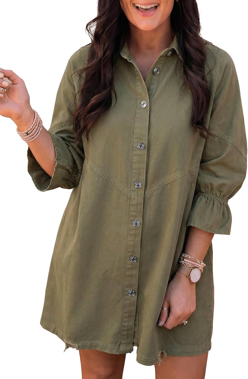 Sidefeel Womens Smocked 3 4 Sleeve Button Down Denim Jeans Dresses