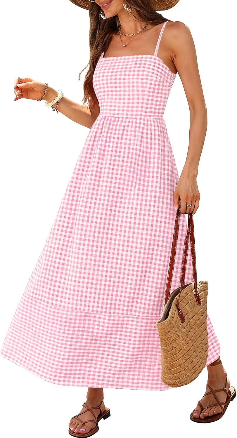 Caracilia Womens Maxi Dresses Gingham Summer Beach Outfits | Spaghetti Strap Back Smocked Cut Out, Flowy Long Sundress, Cute Travel Vacation Picnic Dress Fashion Clothes